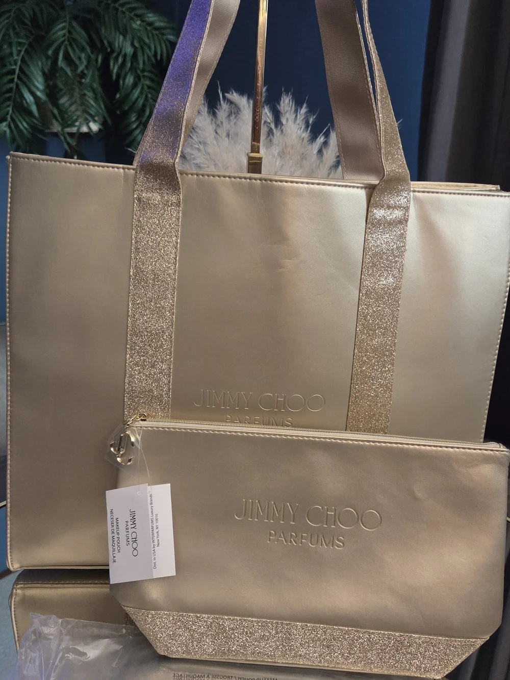 NWT Jimmy Choo Metallic Gold Tote with Glitter Strap and matching  Pouch